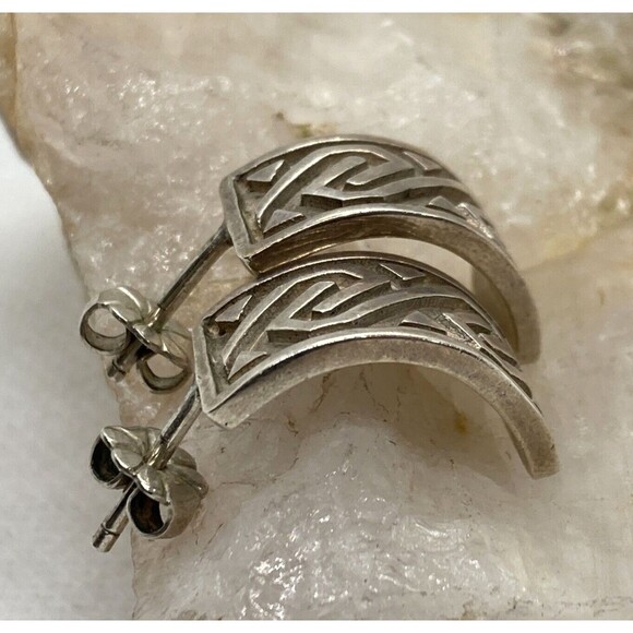 Vintage ZAC Geometric Pattern Curved Earrings Sterling 925 Silver 5.7g Boho‎ - Picture 3 of 6